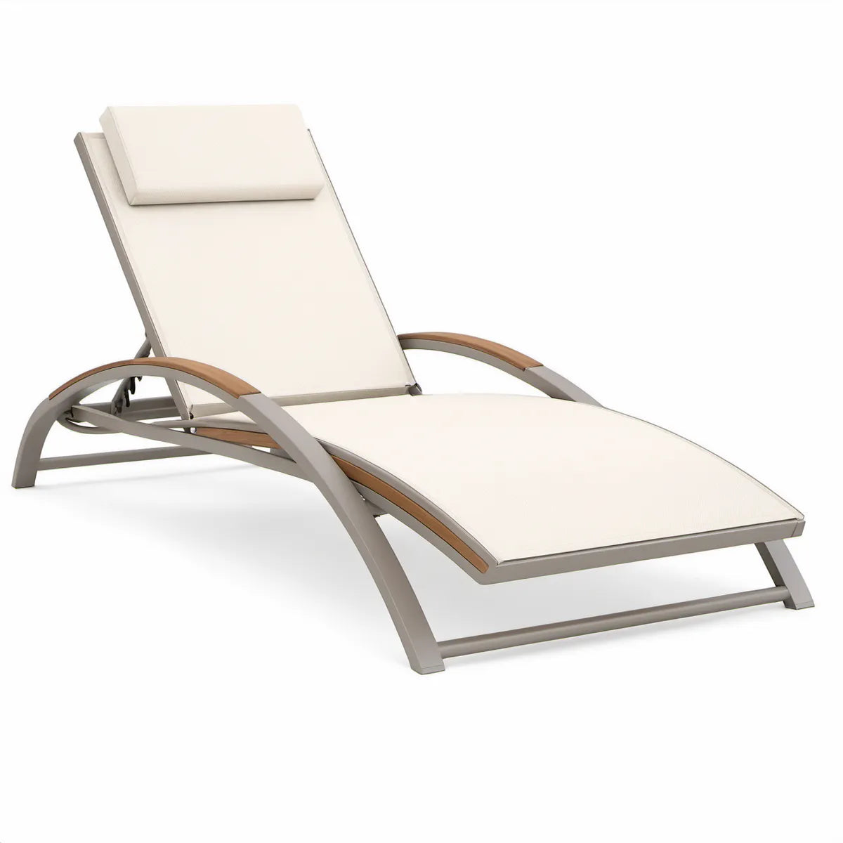 Verstellbare Gartenliege aus Aluminium und Teakholz, Creme/Taupe/Naturbraun, 200 × 70 × 35 cm