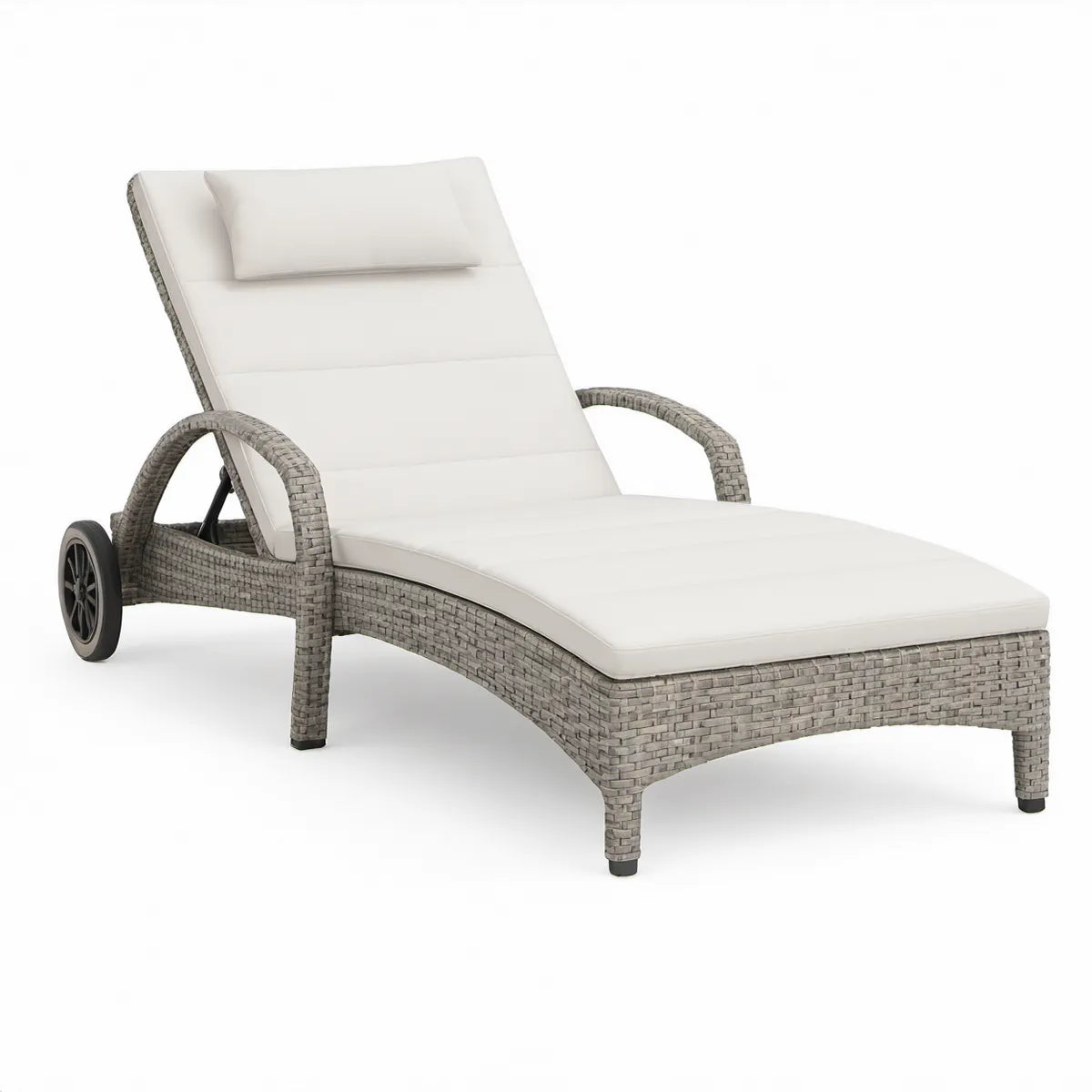 Gartenliege mit Rollen, verstellbarer Rückenlehne, 200 x 70 x 35 cm, Aluminium und PE-Rattan, Grau/Weiss