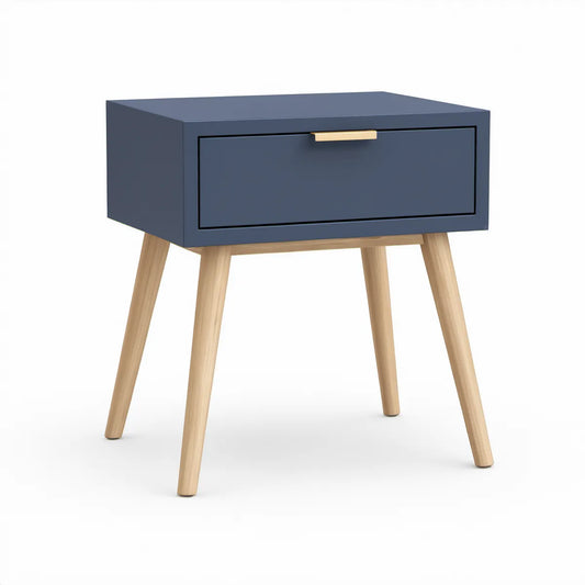 Nachttisch mit Schublade, 45 x 35 x 60 cm, Dunkelblau/Naturholz/Gold
