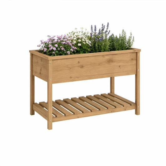 Hochbeet aus Tannenholz Naturbraun mit Ablage, 120 x 60 x 80 cm