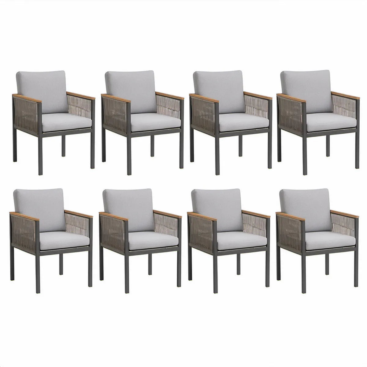 8er-Set Gartensessel mit Armlehnen, Kissen und PE-Geflecht, 56 x 61 x 88 cm, Schwarz/Dunkelgrau/Hellgrau/Naturbraun