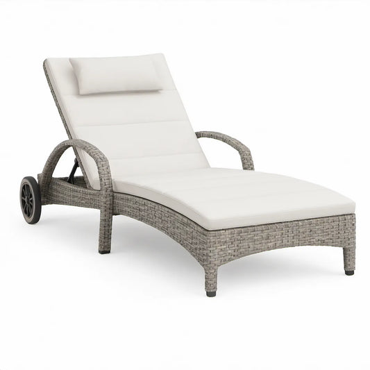Gartenliege mit Rollen, verstellbarer Rückenlehne, 200 x 70 x 35 cm, Aluminium und PE-Rattan, Grau/Weiss