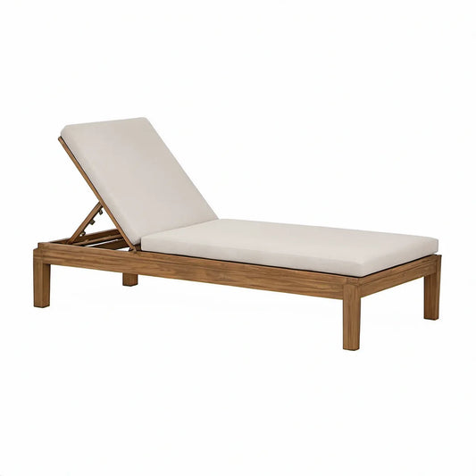 Verstellbare Gartenliege aus massivem Teakholz mit cremeweisser Polsterauflage, 200 x 70 x 35 cm