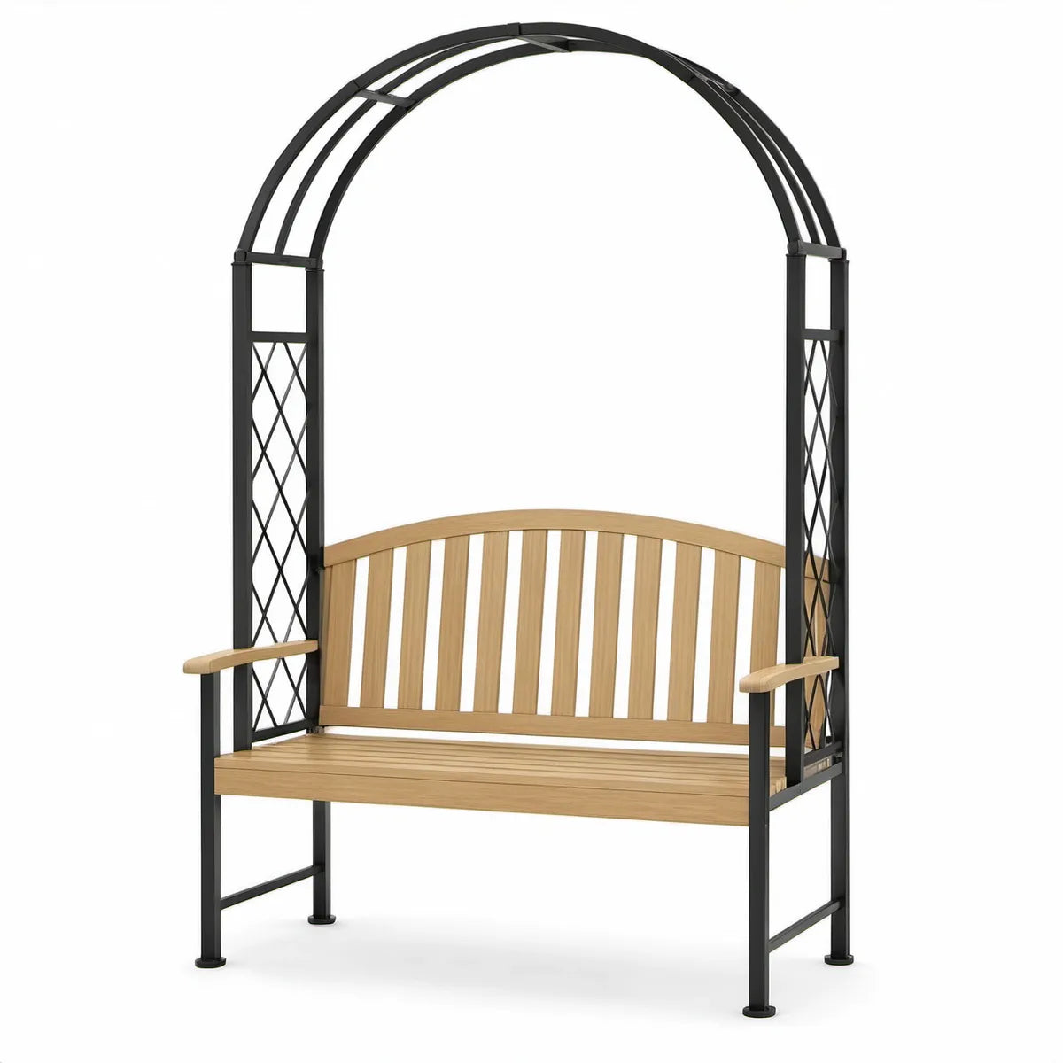 2-Sitzer Gartenbank mit Rosenbogen, 133 x 60 x 220 cm, Tannenholz und pulverbeschichteter Stahl, Schwarz/Natur