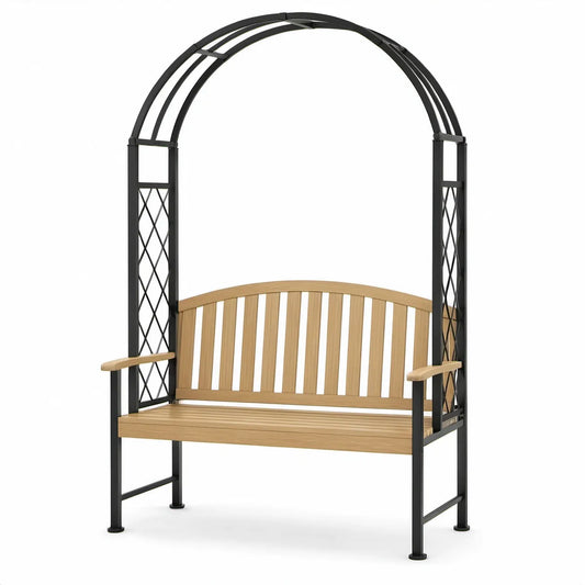 2-Sitzer Gartenbank mit Rosenbogen, 133 x 60 x 220 cm, Tannenholz und pulverbeschichteter Stahl, Schwarz/Natur